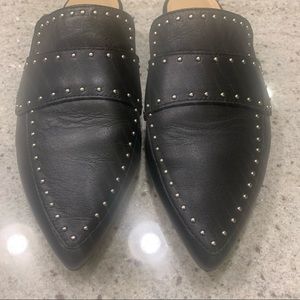 Black Leather Studded Slip On Mules Flats - Excellent Condition